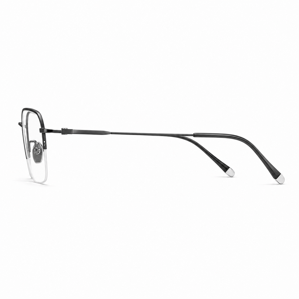 Black eyeglass frame, side-profile product view
