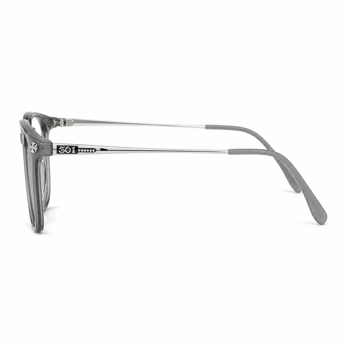Silver Gray eyeglass frame, side-profile product view