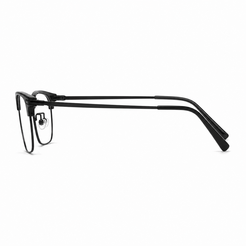 Black eyeglass frame, side-profile product view