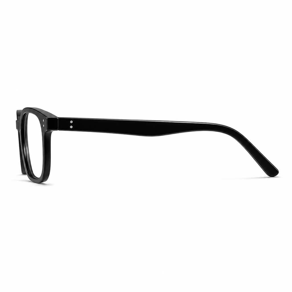 Glossy Black eyeglass frame, side-profile product view