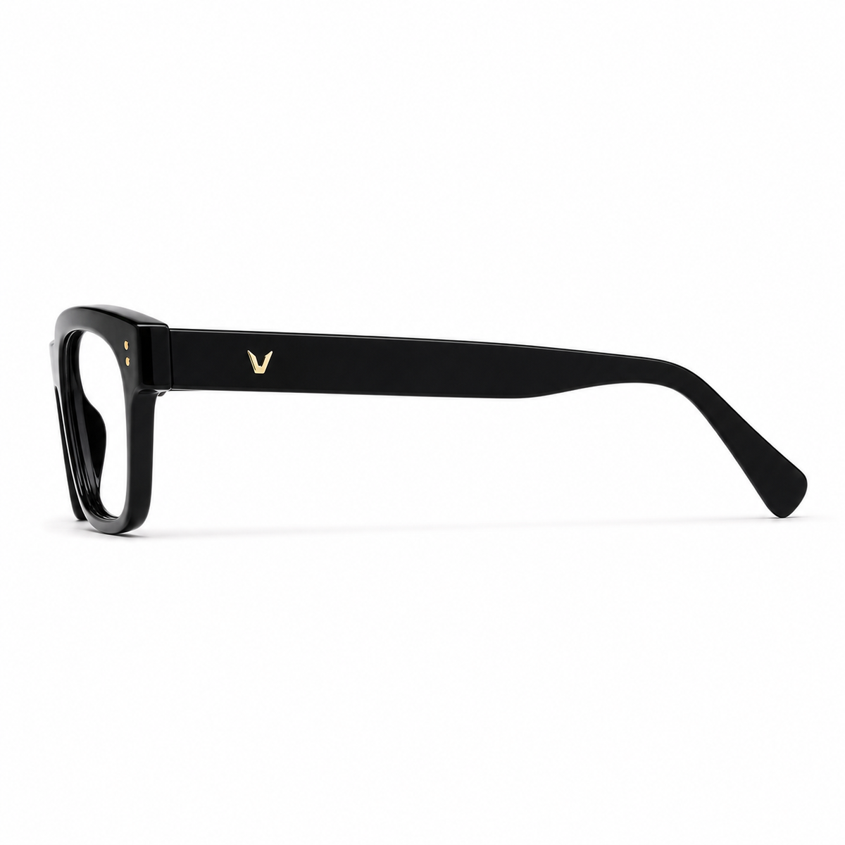 Black eyeglass frame, side-profile product view