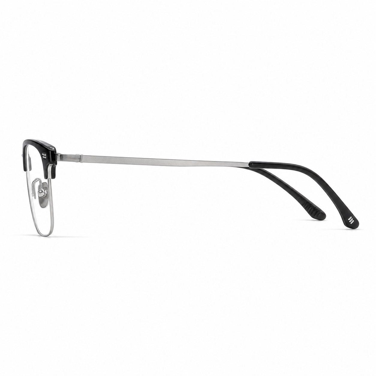 Black/Silver eyeglass frame, side-profile product view
