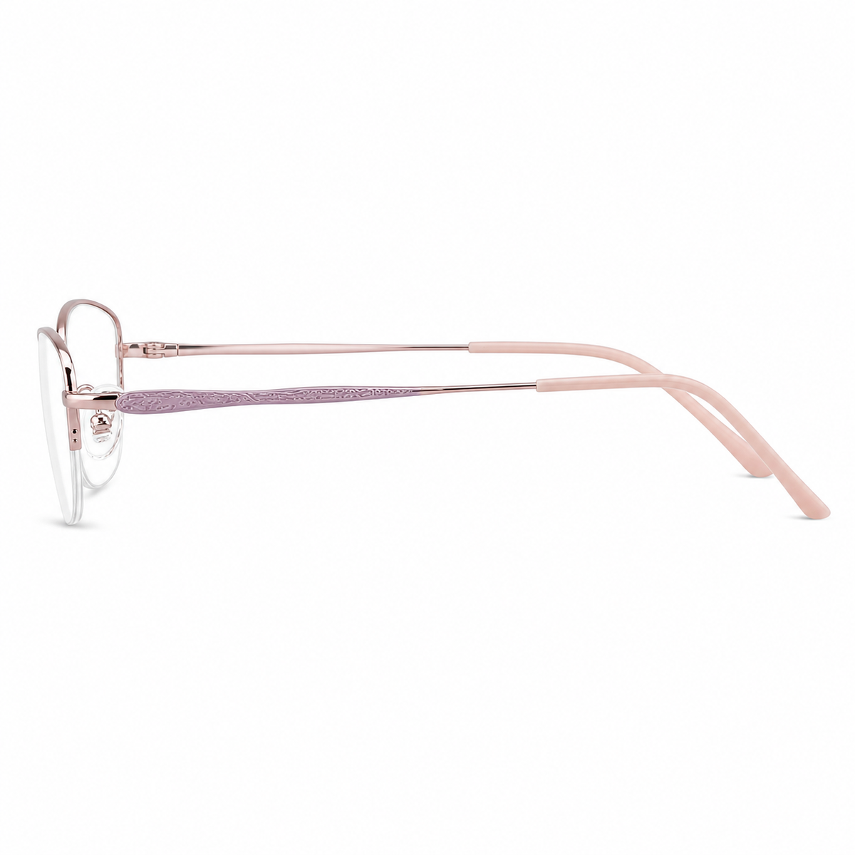Pink eyeglass frame, side-profile product view