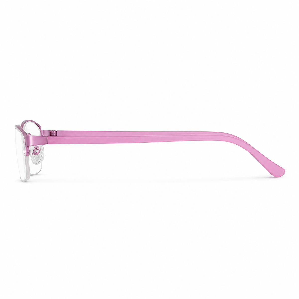 Pink eyeglass frame, side-profile product view