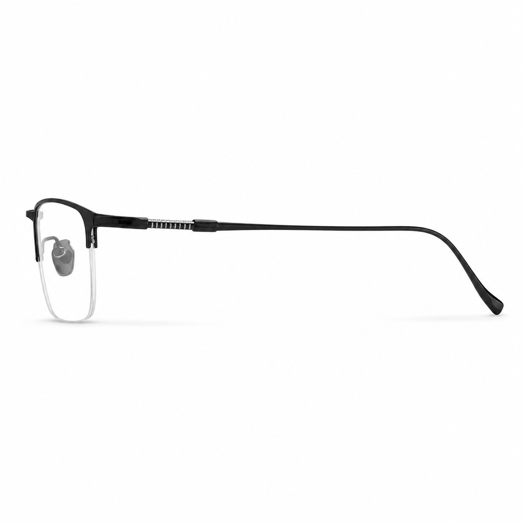 Black eyeglass frame, side-profile product view