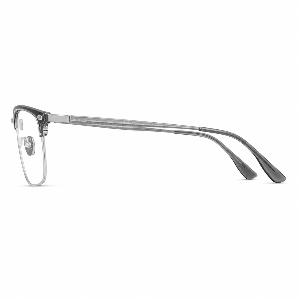 Crystal Grey/Silver eyeglass frame, side-profile product view