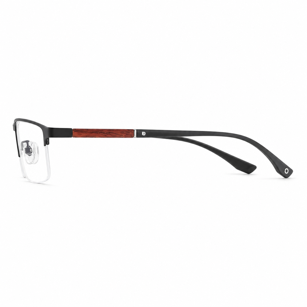 Black eyeglass frame, side-profile product view