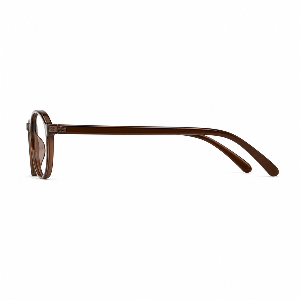 Amber Brown eyeglass frame, side-profile product view