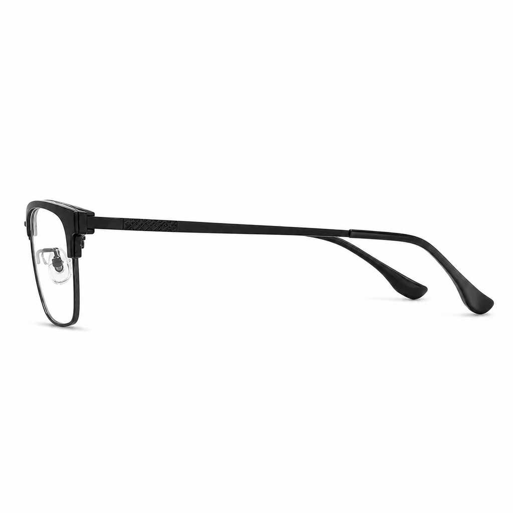 Black eyeglass frame, side-profile product view