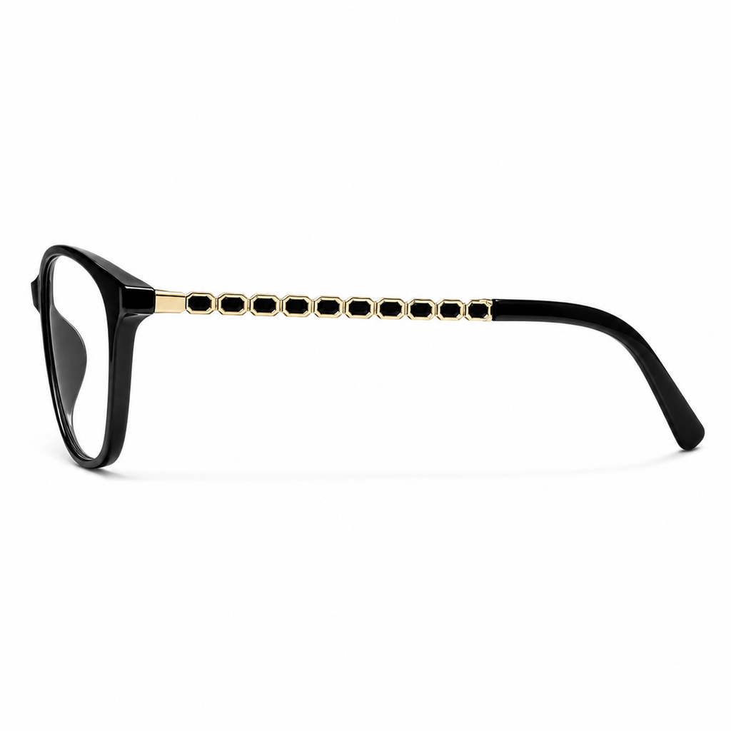 Glossy Black eyeglass frame, side-profile product view