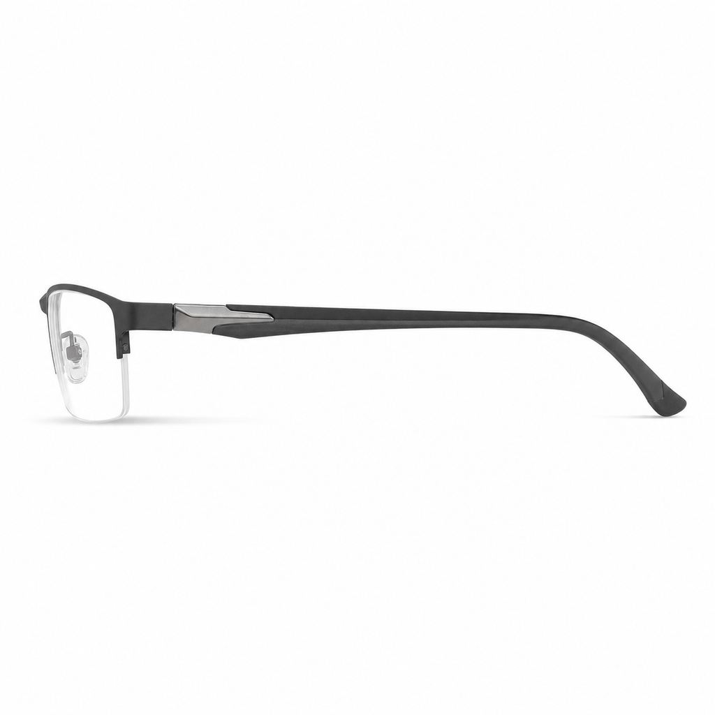 Black eyeglass frame, side-profile product view