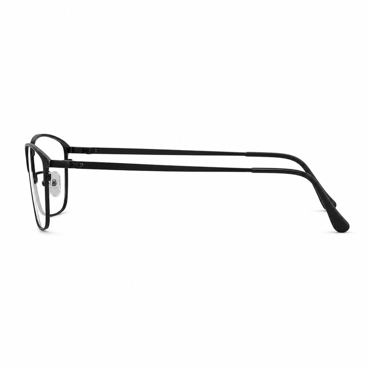 Black eyeglass frame, side-profile product view