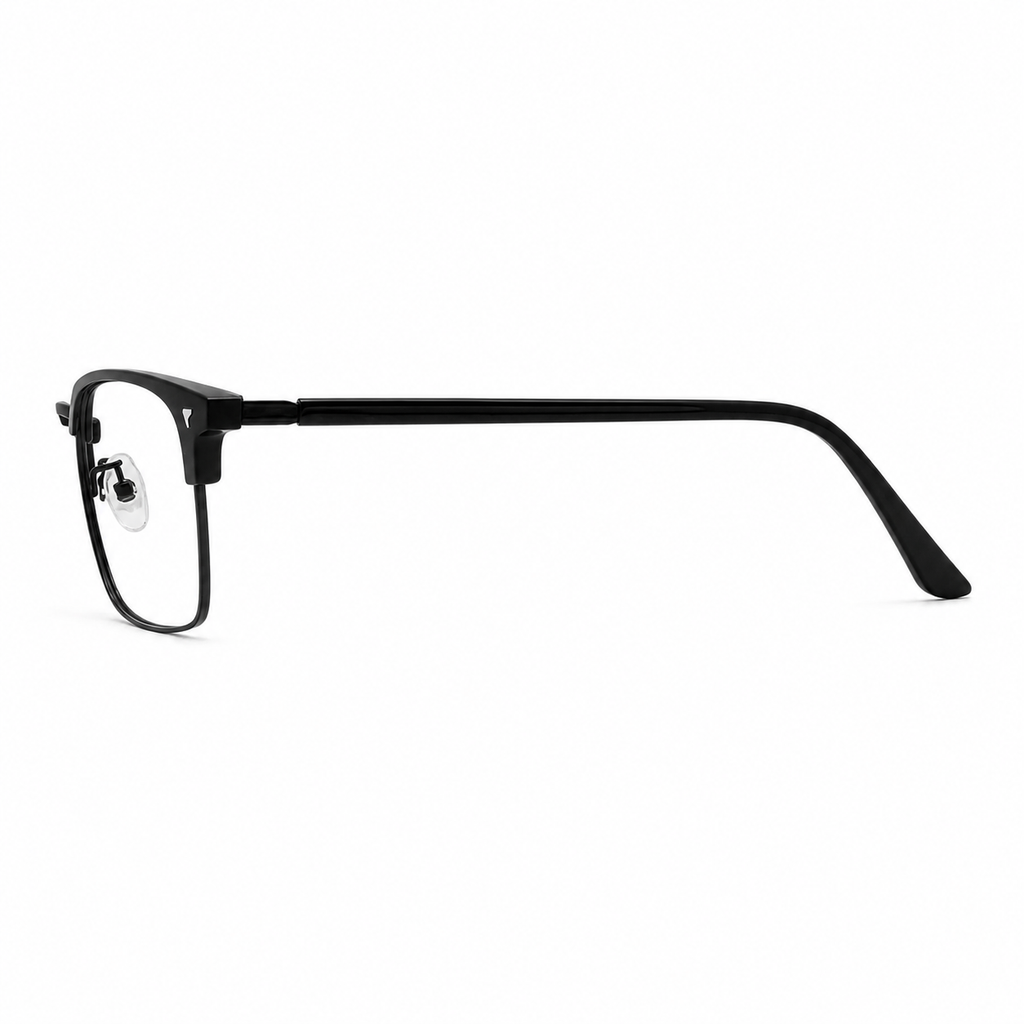 Black eyeglass frame, side-profile product view