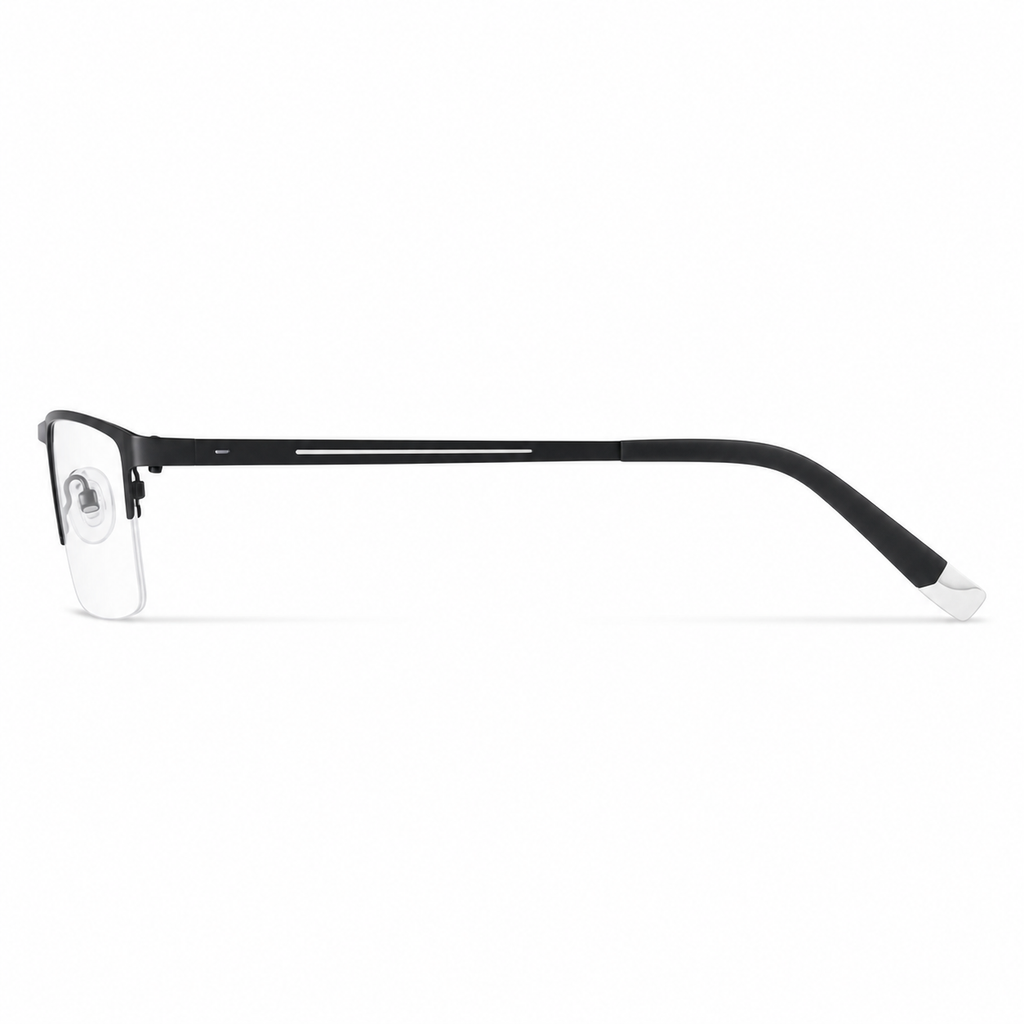 Black eyeglass frame, side-profile product view
