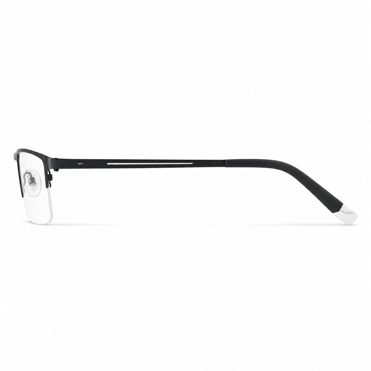 Black eyeglass frame, side-profile product view