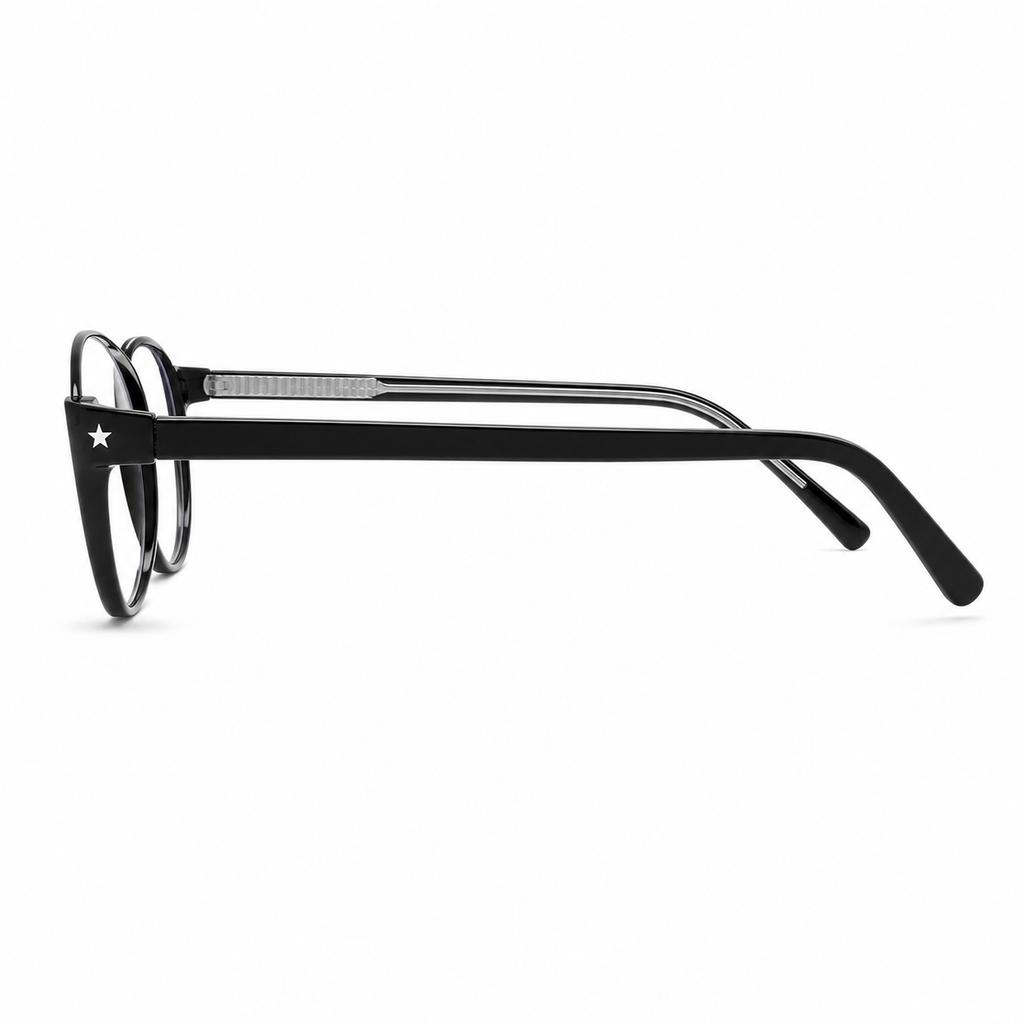Glossy Black eyeglass frame, side-profile product view