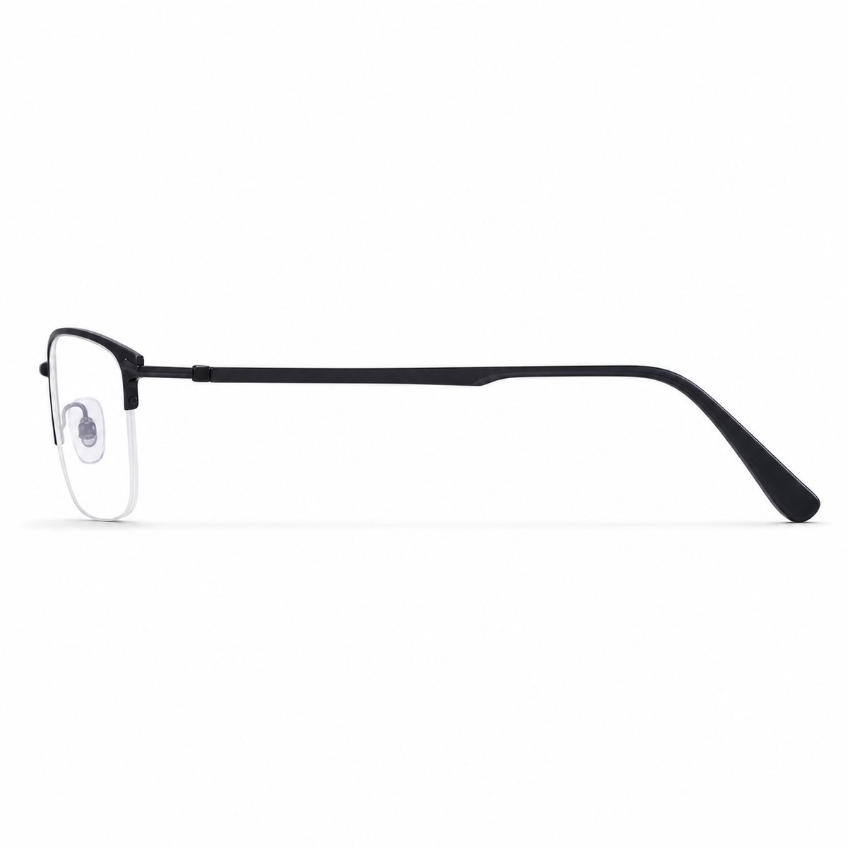Black eyeglass frame, side-profile product view