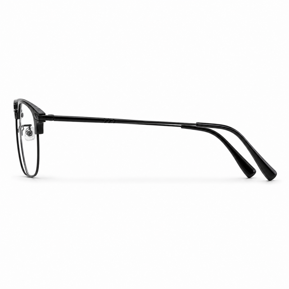 Black eyeglass frame, side-profile product view