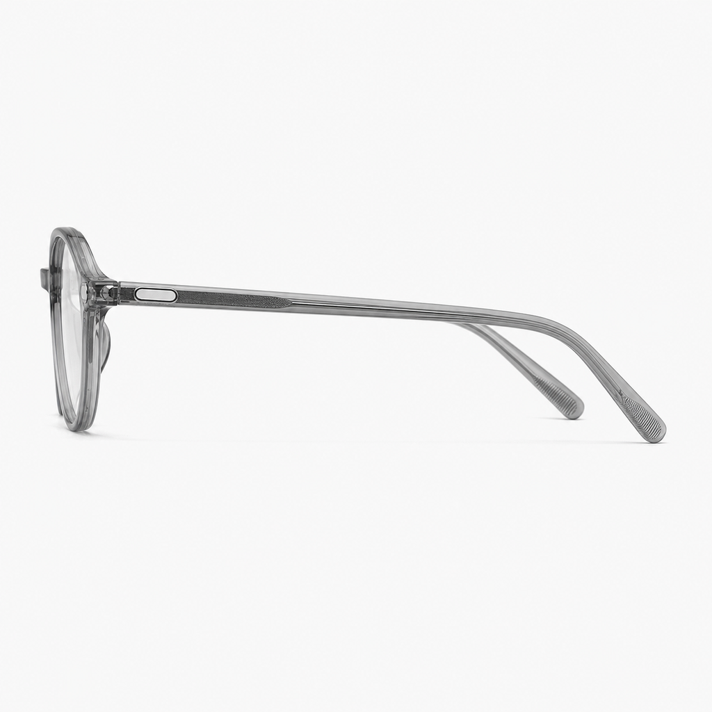 Crystal Gray eyeglass frame, side-profile product view