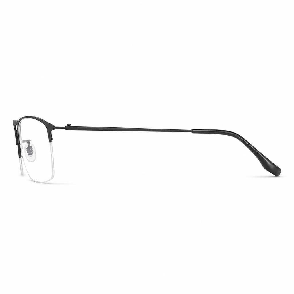 Black eyeglass frame, side-profile product view