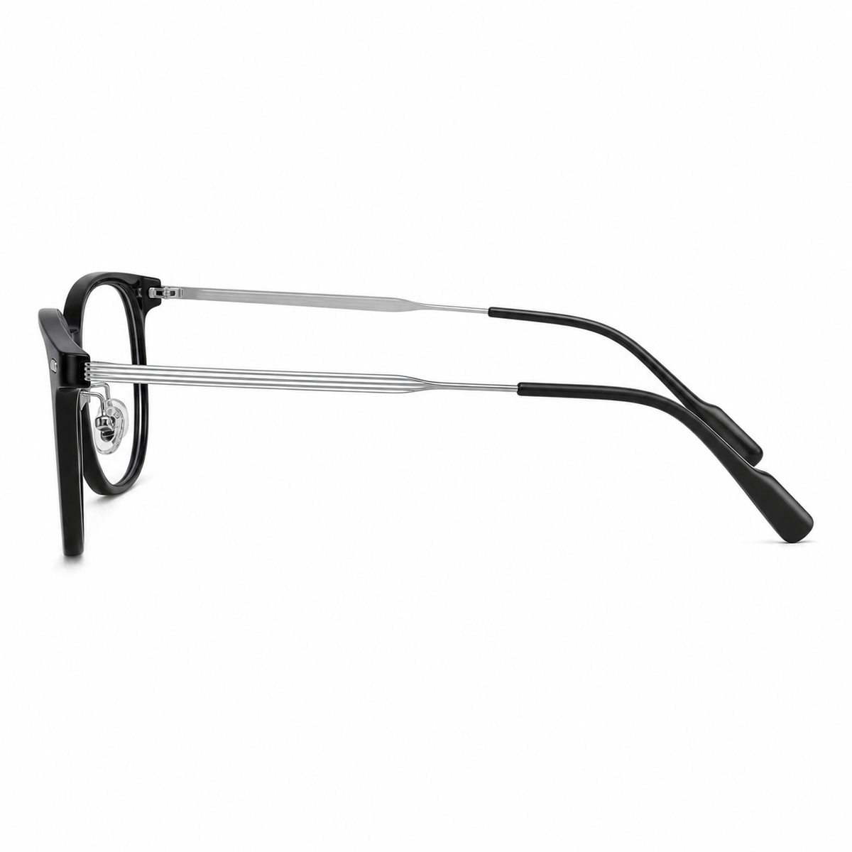 Black eyeglass frame, side-profile product view
