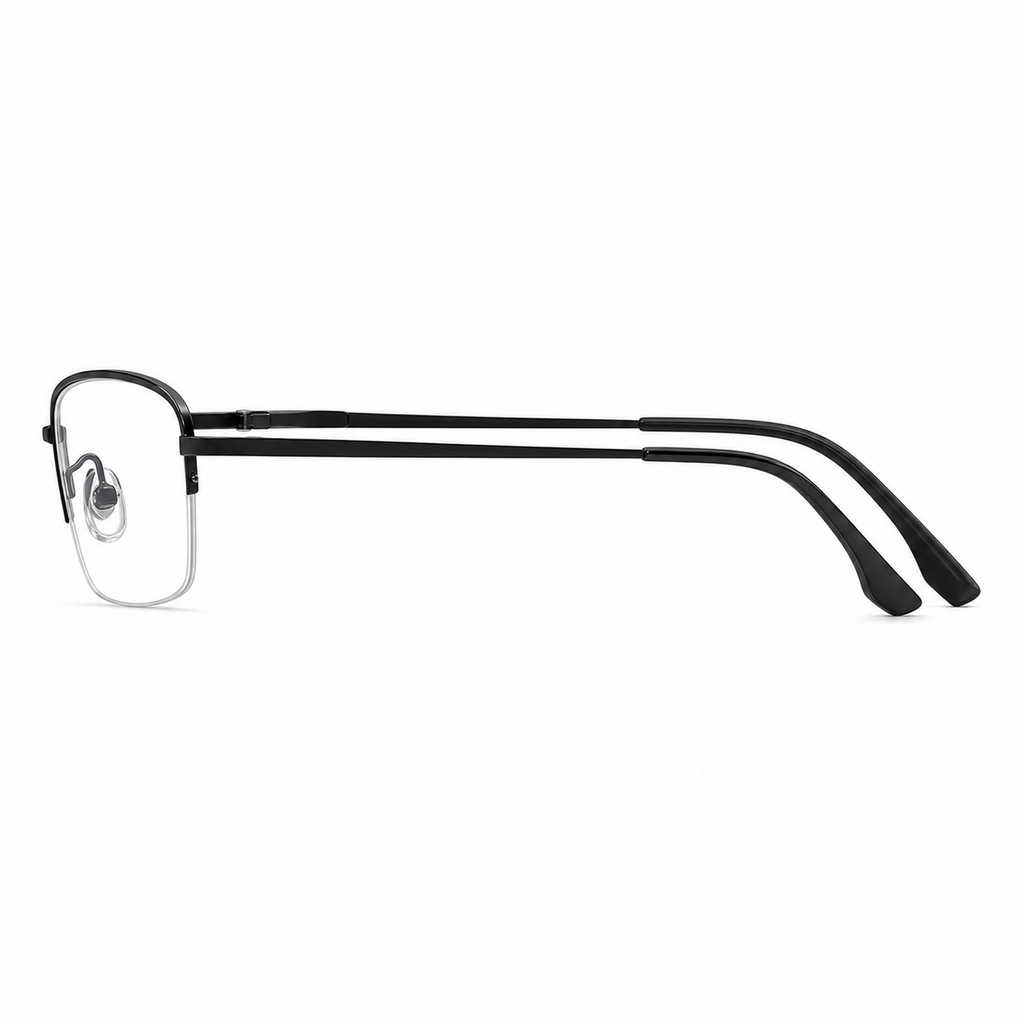 Black eyeglass frame, side-profile product view