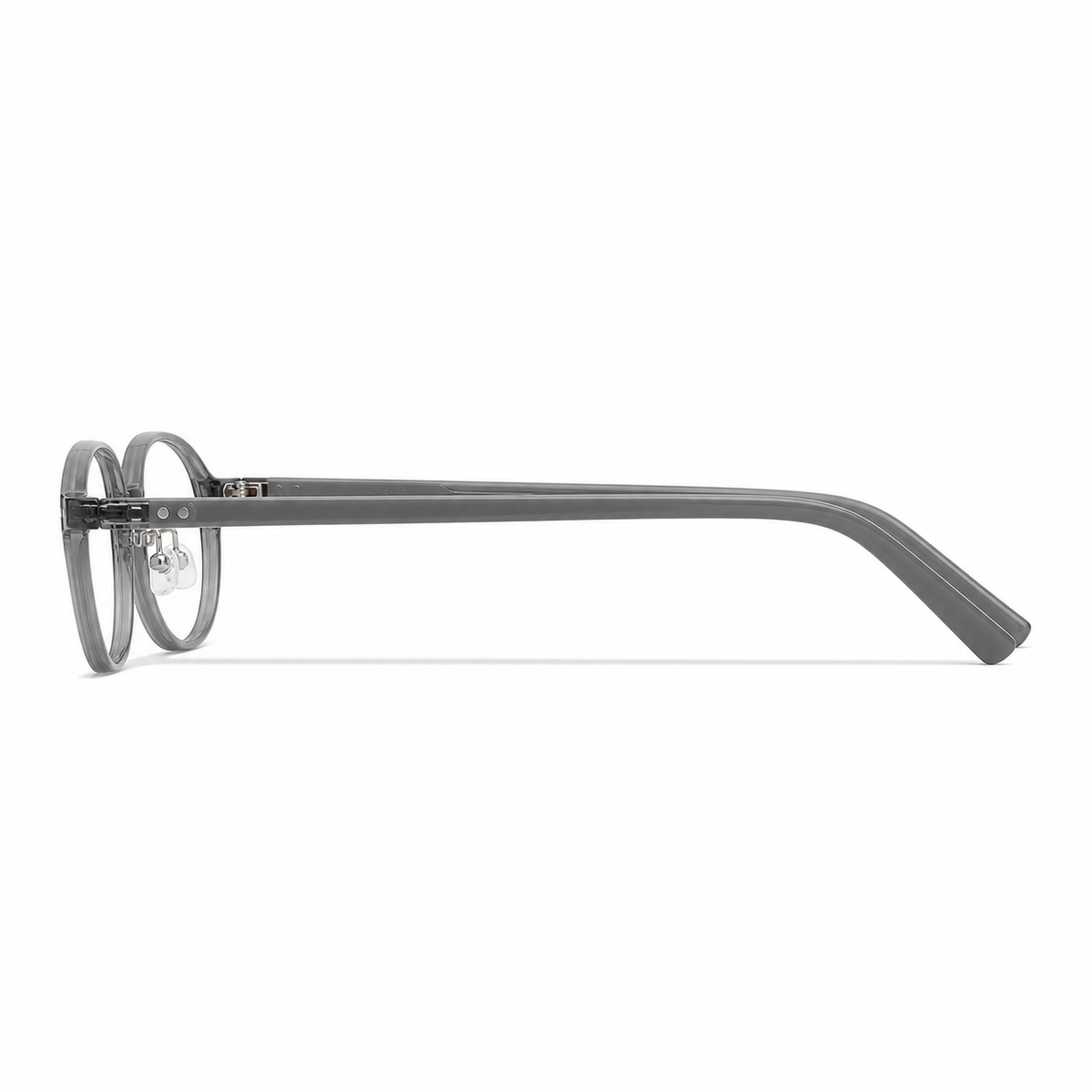 Crystal Gray eyeglass frame, side-profile product view