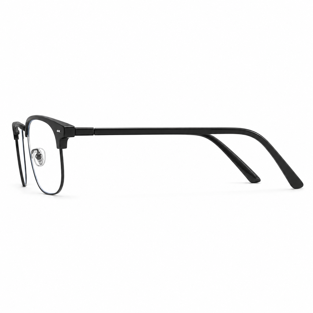 Black eyeglass frame, side-profile product view