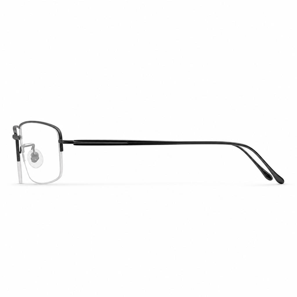 Black eyeglass frame, side-profile product view