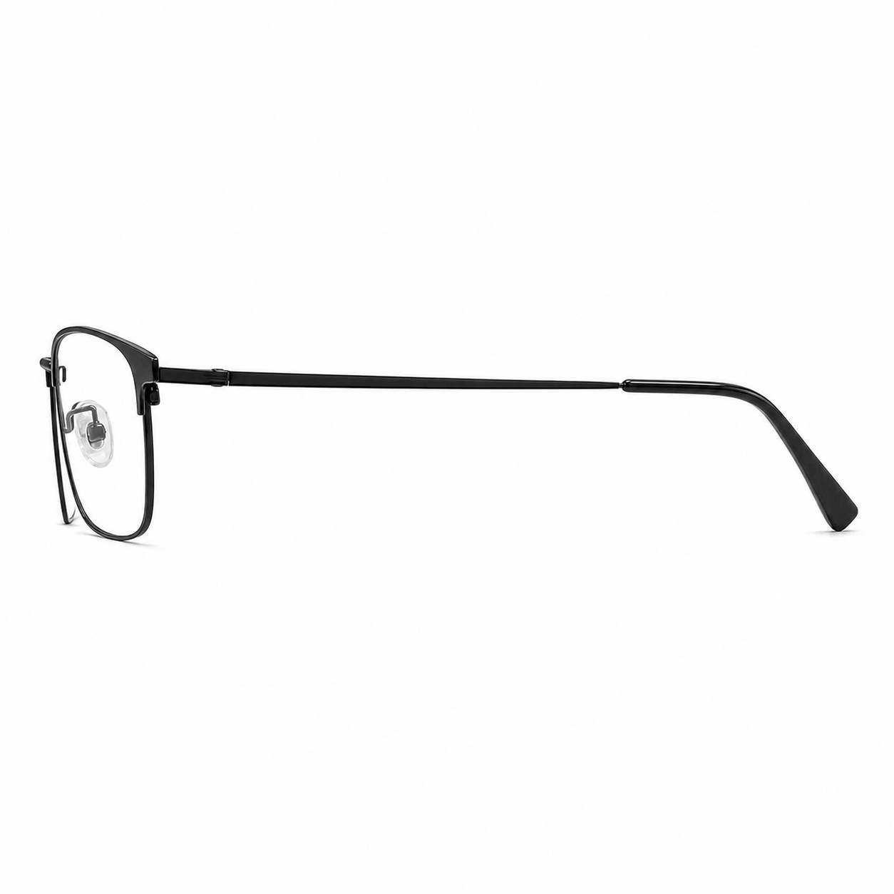 Black eyeglass frame, side-profile product view