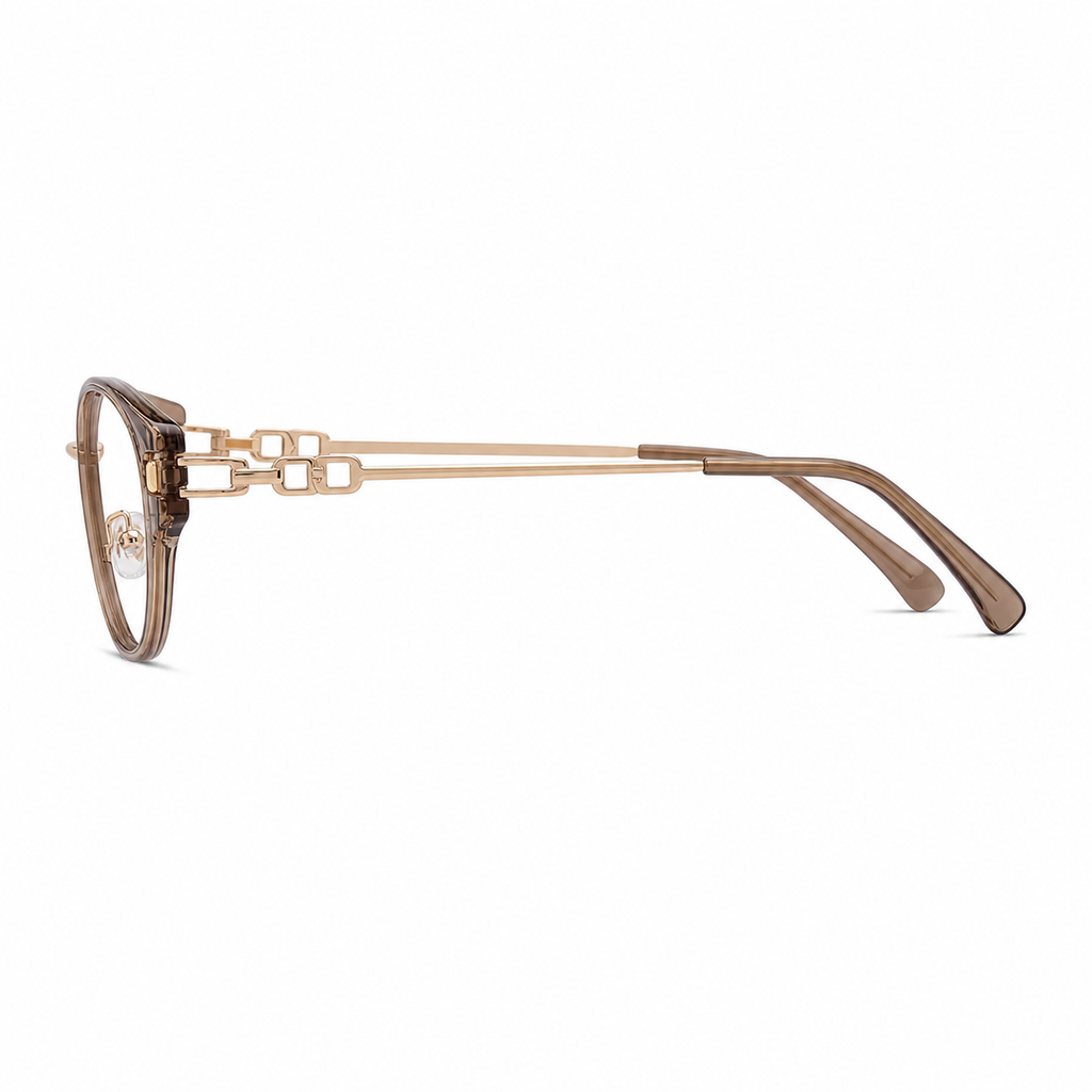 Amber Brown eyeglass frame, side-profile product view
