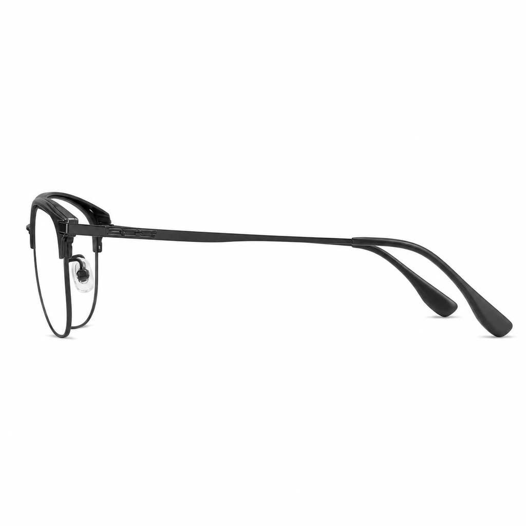 Black eyeglass frame, side-profile product view
