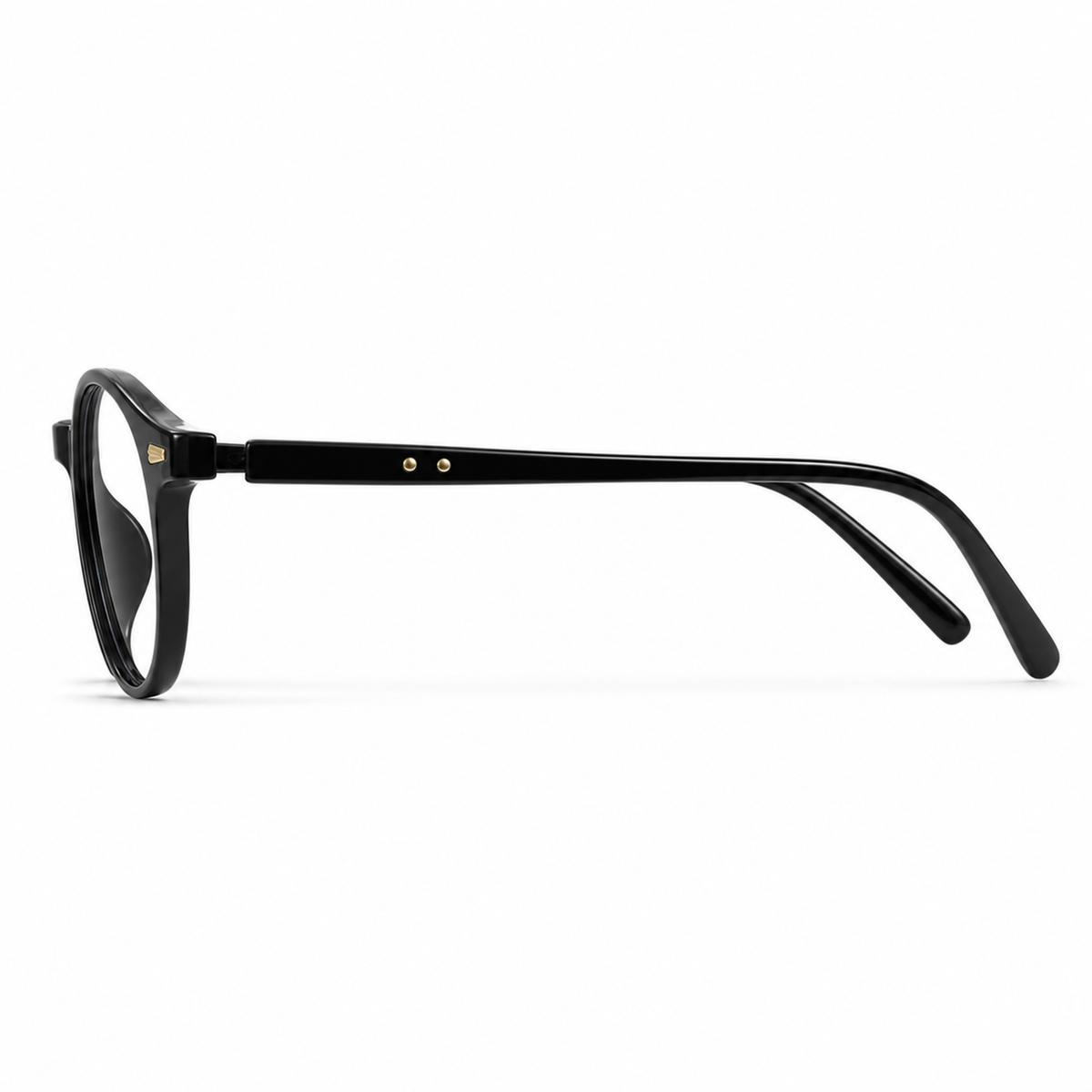 Glossy Black eyeglass frame, side-profile product view