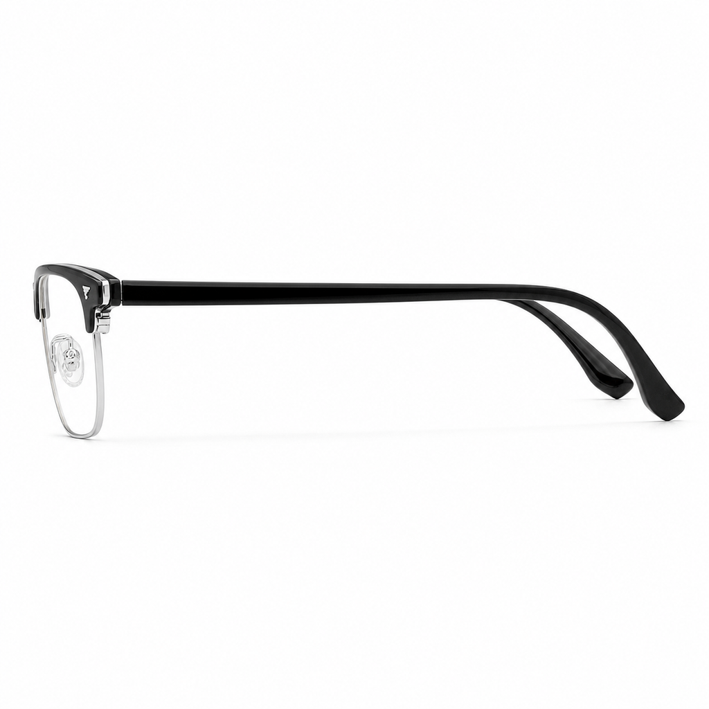 Black/Silver eyeglass frame, side-profile product view