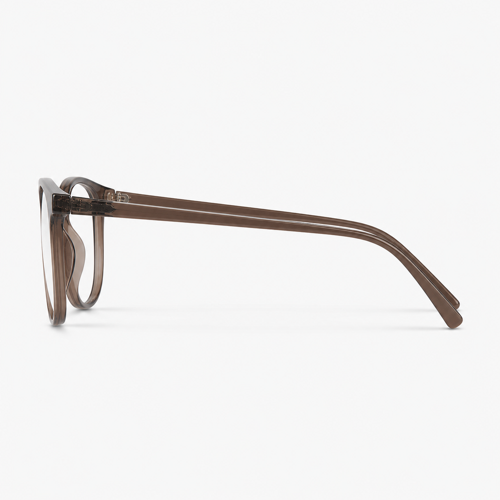Amber Brown eyeglass frame, side-profile product view