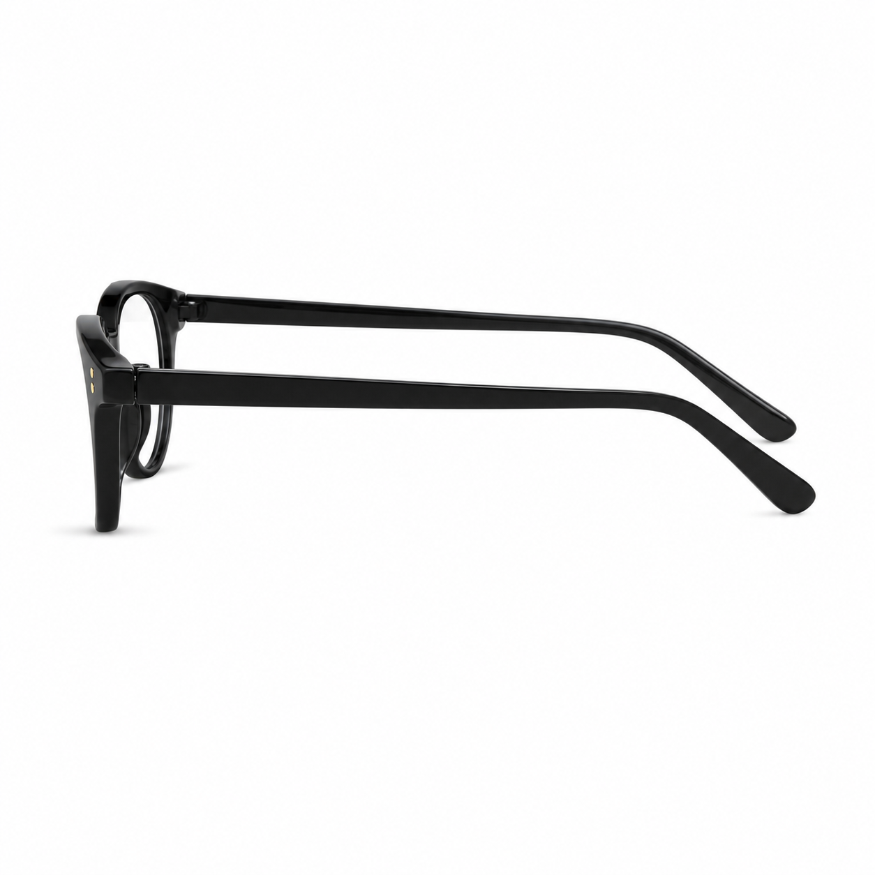 Black eyeglass frame, side-profile product view