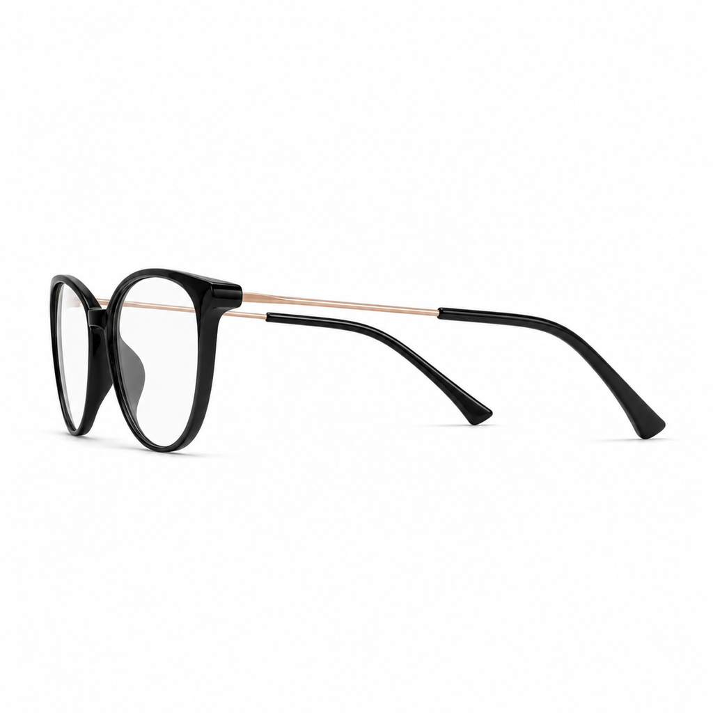 Glossy Black eyeglass frame, side-profile product view