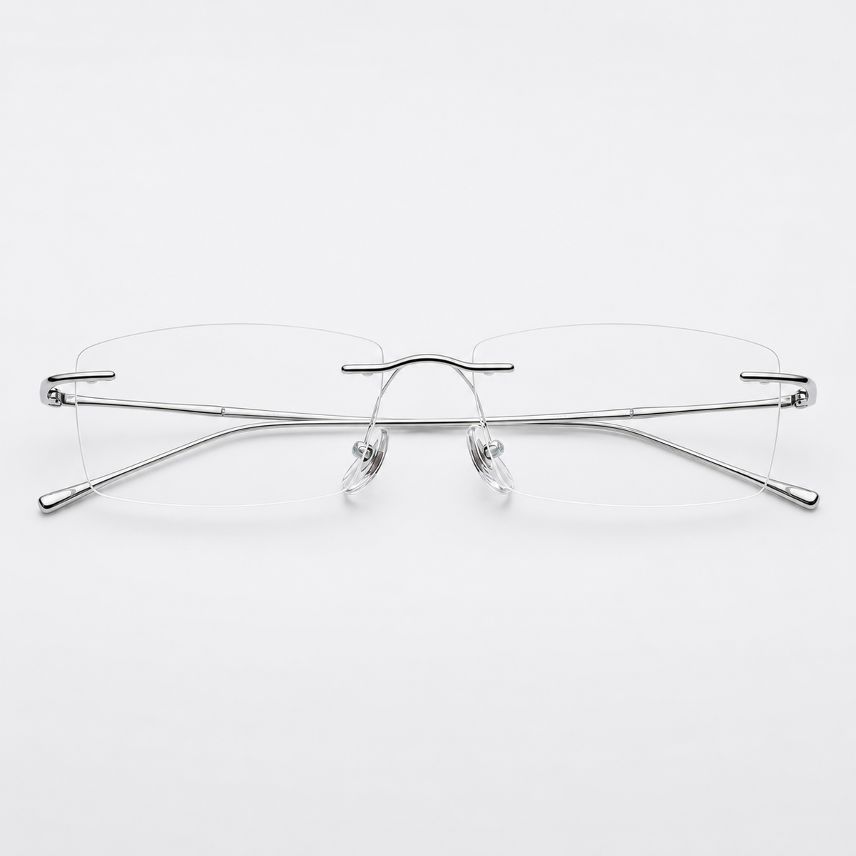 Silver beta-titanium rectangular rimless glasses, front product view