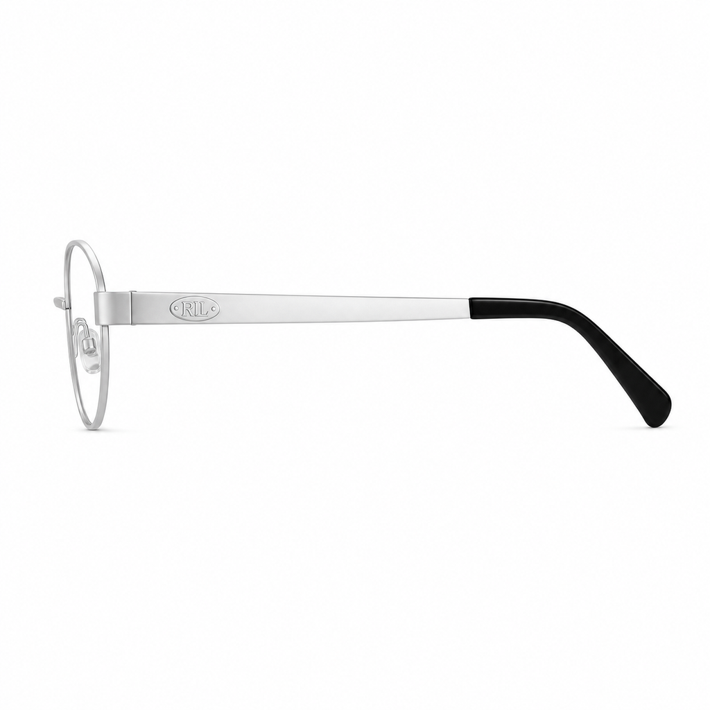 Silver oval full-rim eyeglass frame, side-profile product view