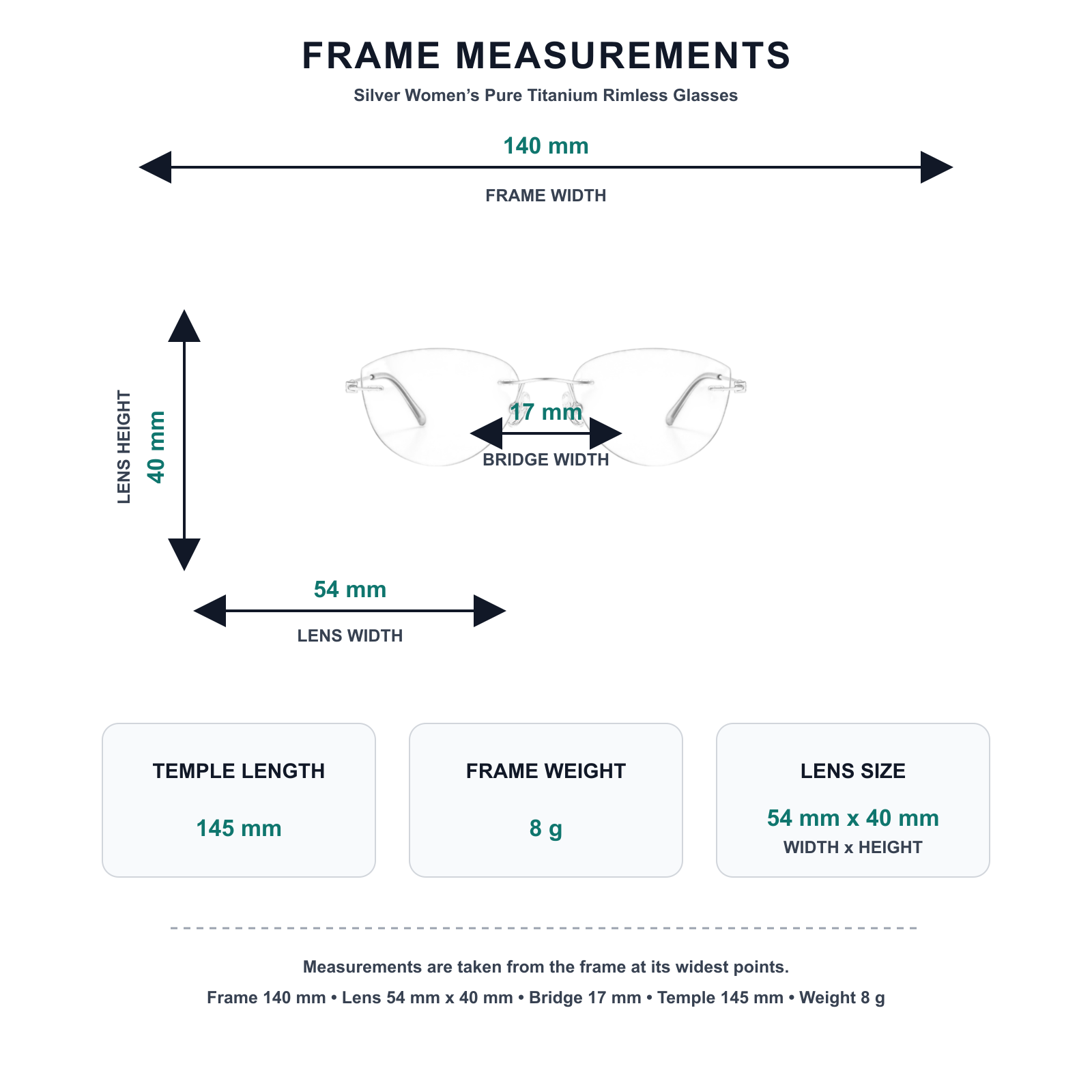 Silver pure-titanium rimless glasses measurement guide: 140 mm frame, 54 mm lens, 8 g weight