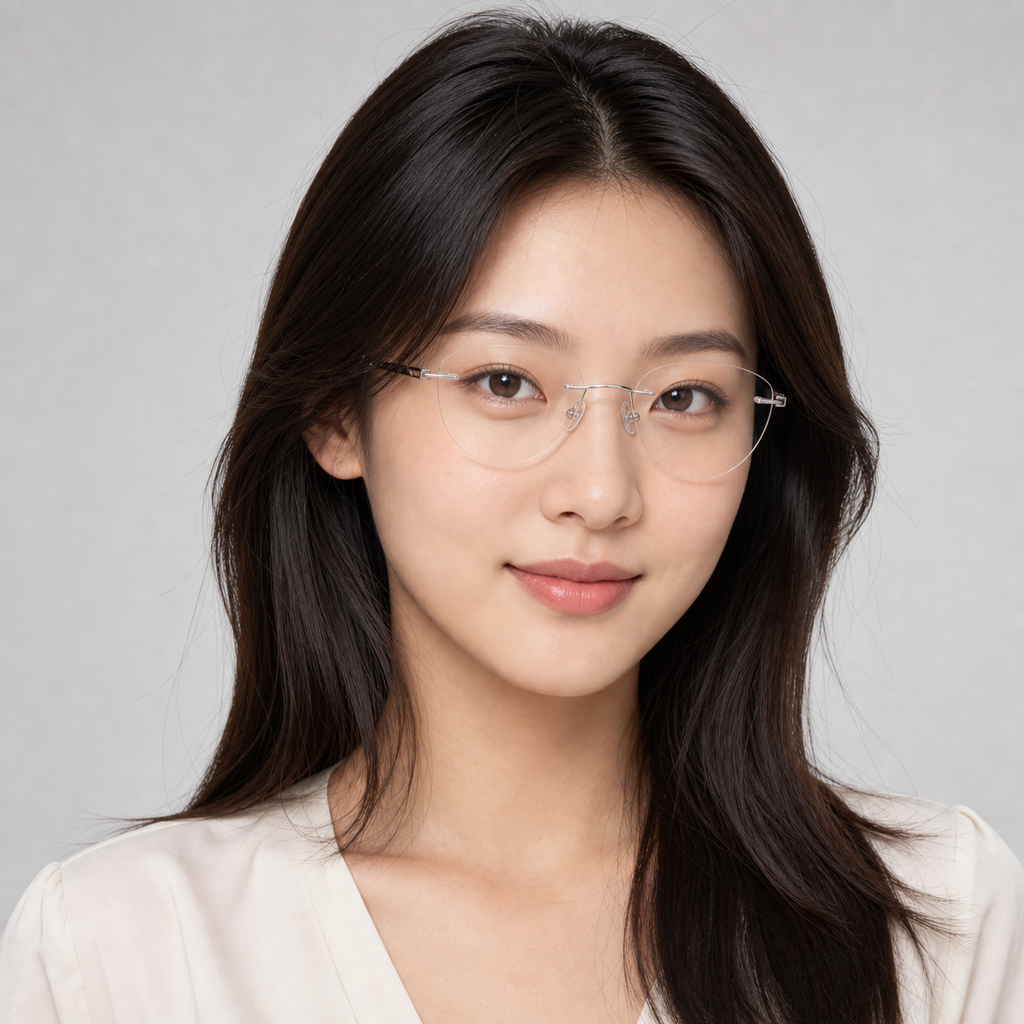 Silver pure-titanium rimless glasses worn by an adult East Asian woman
