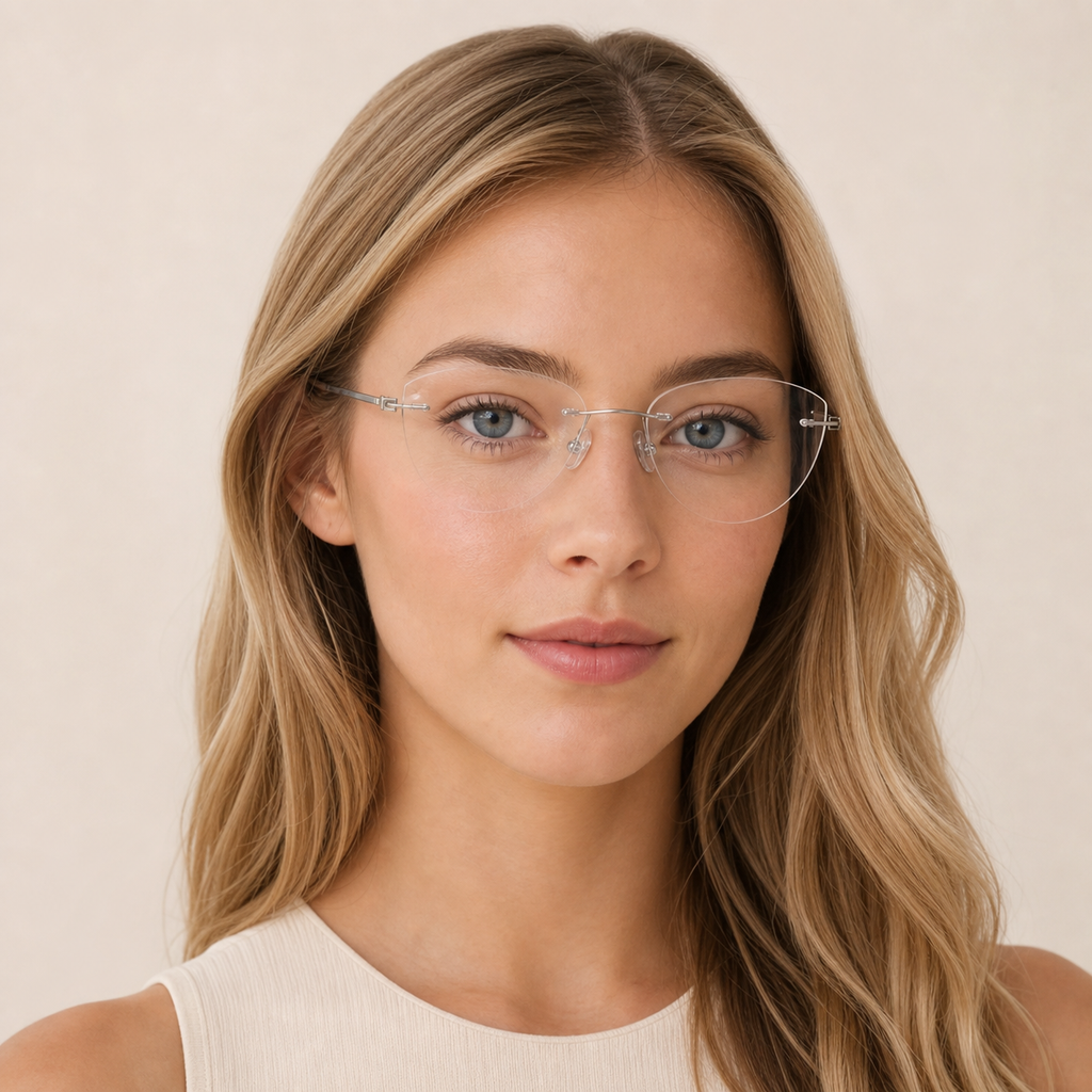 Silver pure-titanium rimless glasses worn by an adult White woman