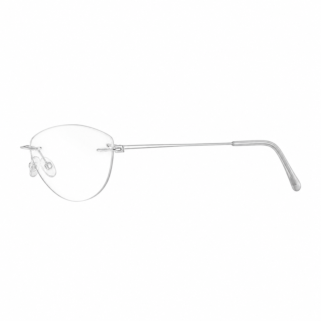 Silver pure-titanium rimless glasses, side and temple product view