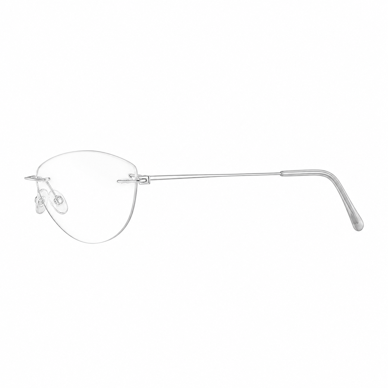 Silver pure-titanium rimless glasses, side and temple product view