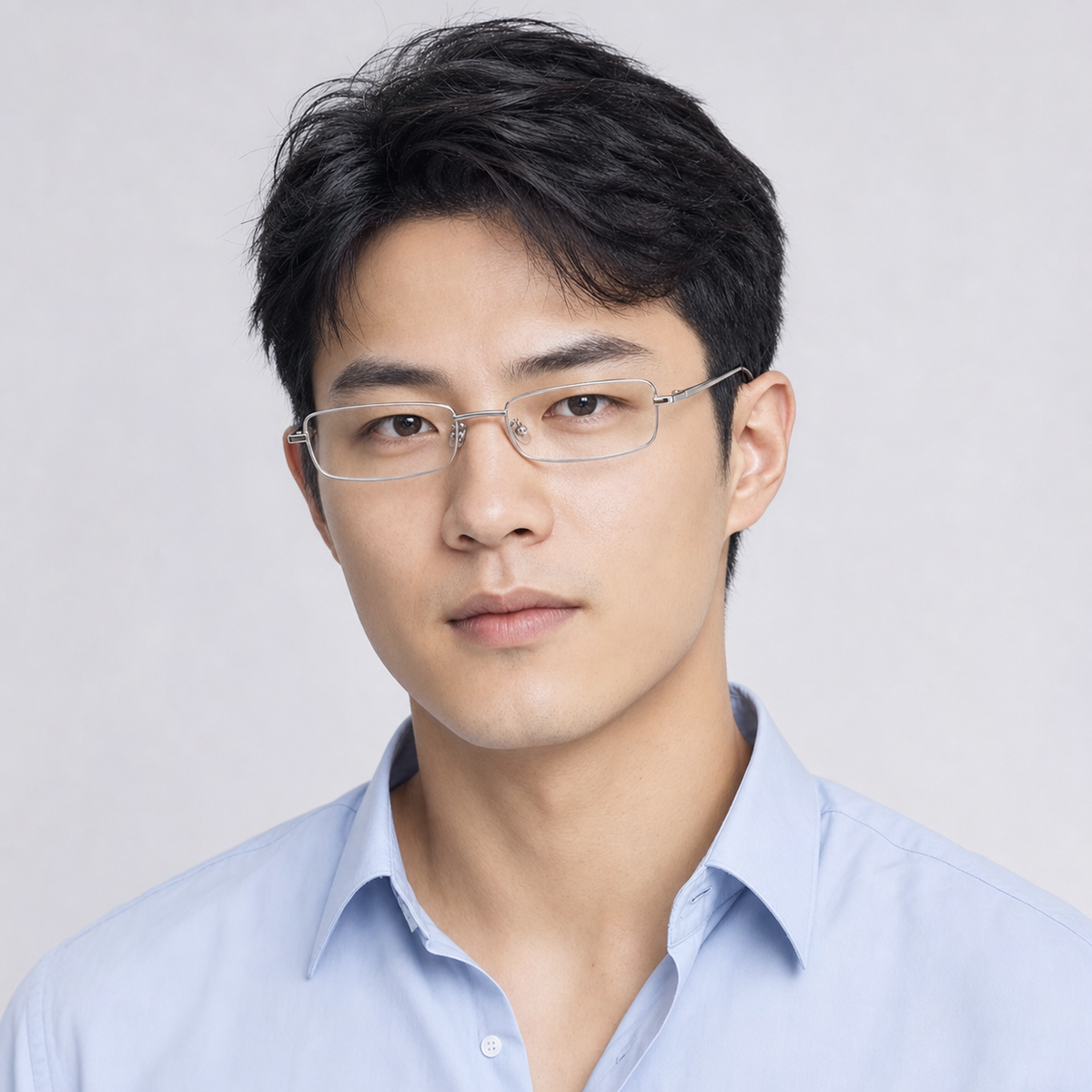 Silver alloy slim square glasses worn by an adult East Asian man
