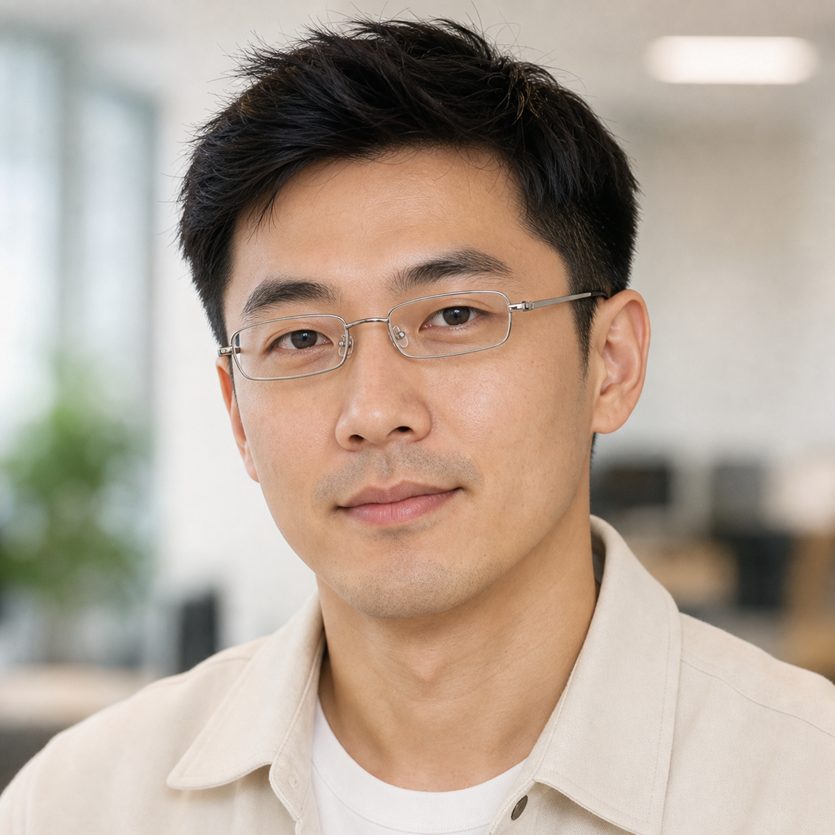 Silver alloy slim square glasses worn by an adult East Asian man in an office