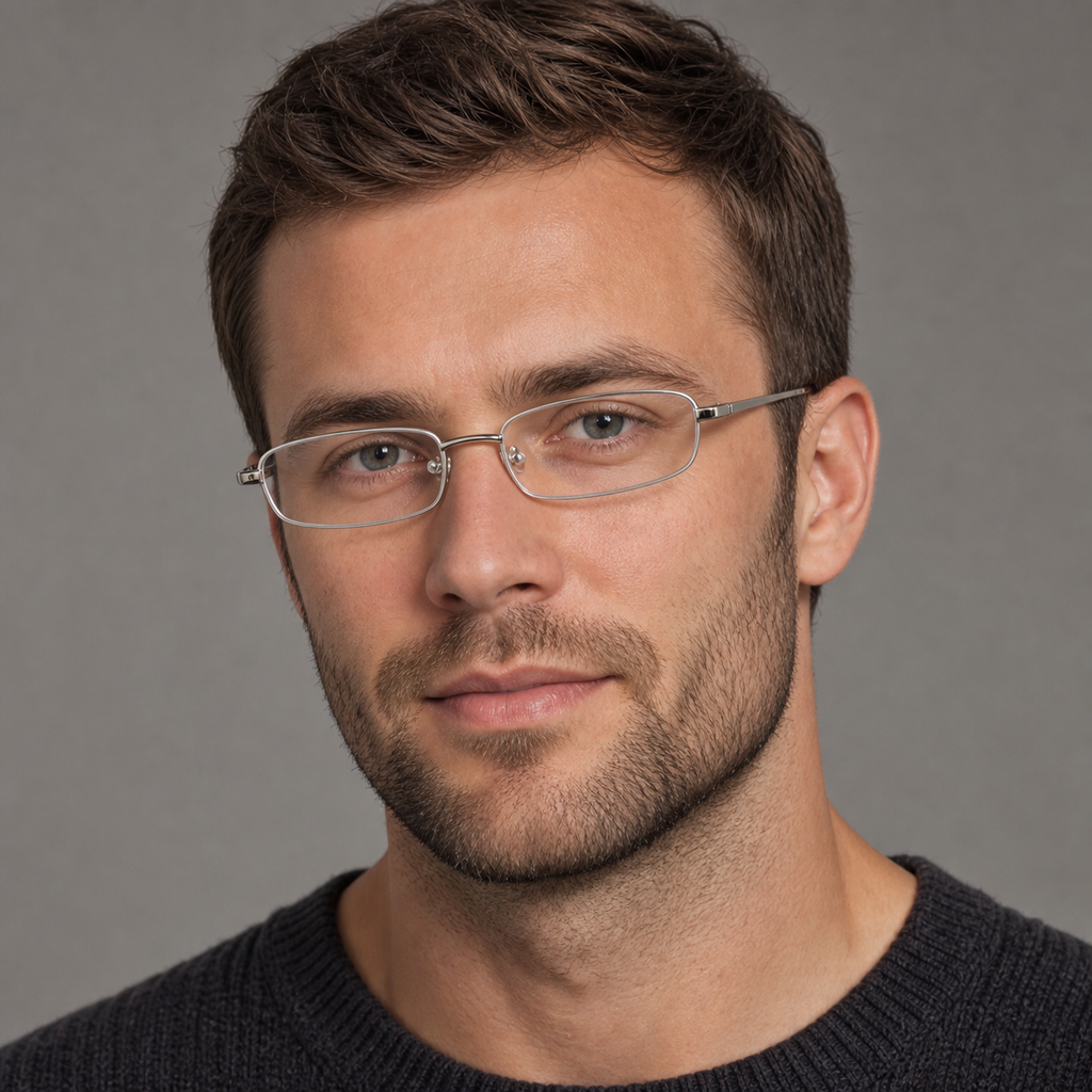 Silver alloy slim square glasses worn by an adult White man