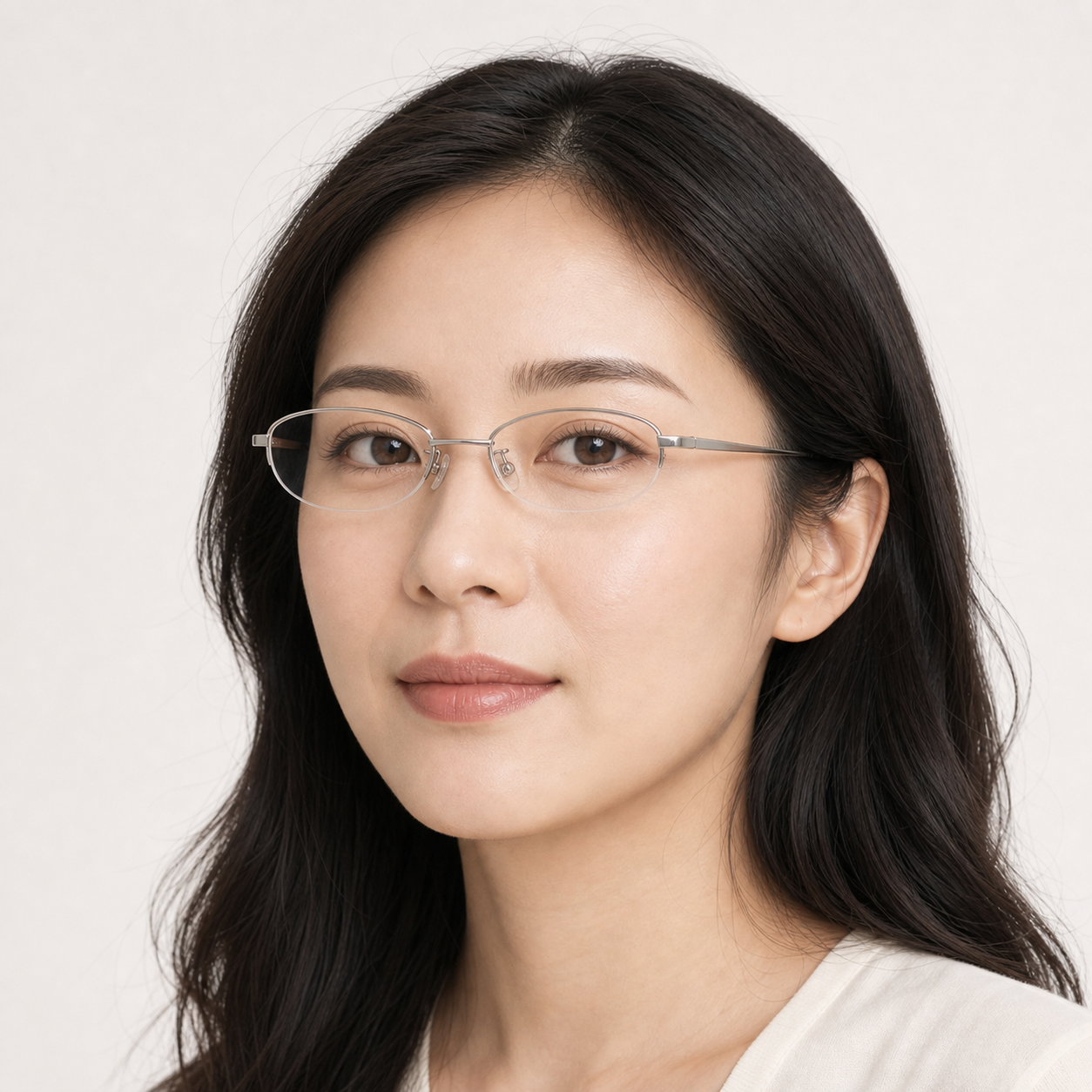 Silver semi-rimless oval glasses worn by an adult East Asian woman