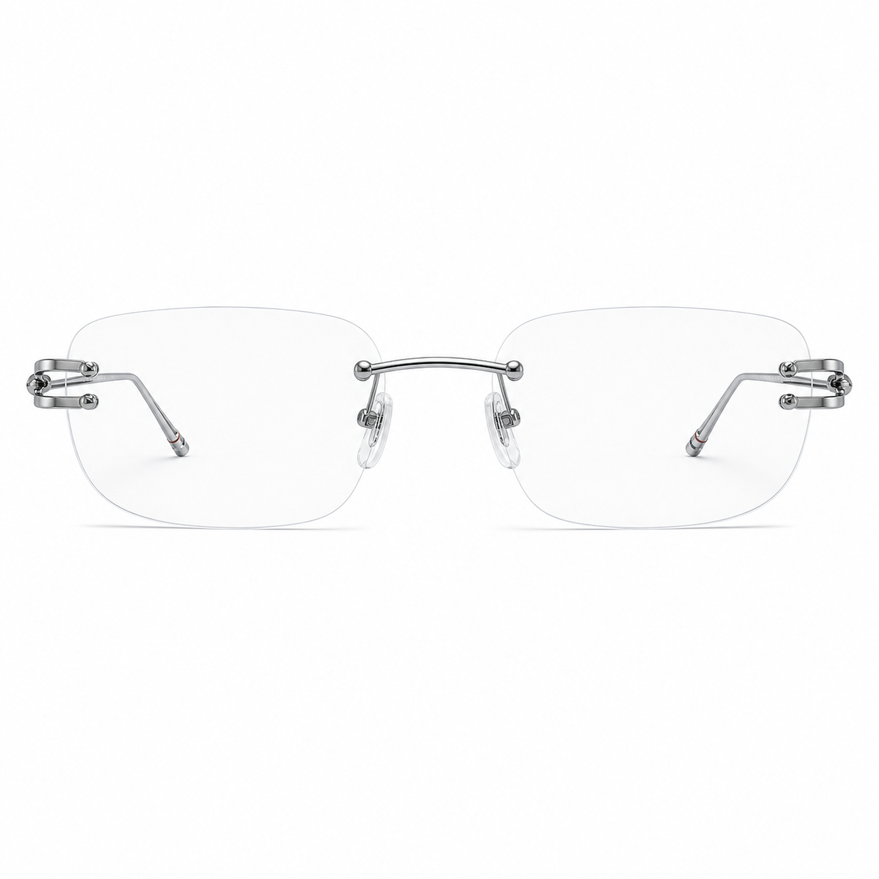 Silver semi-titanium rectangular rimless glasses, front product view