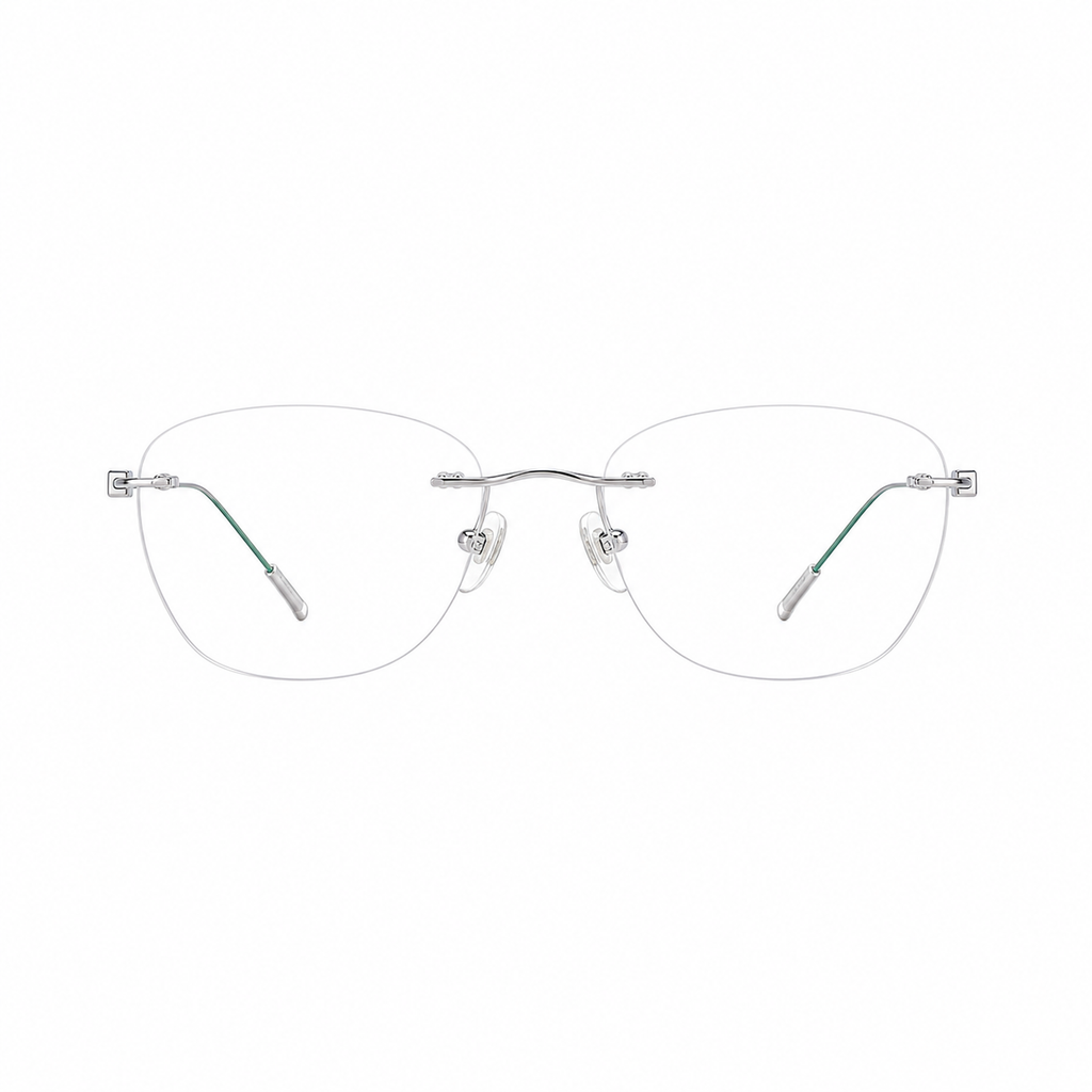 Silver/Teal titanium rimless glasses, front product view
